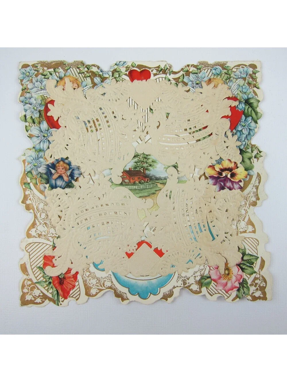 Antique Valentine Die cut Farm House Trees Flowers Cupid Boy Girl Canoe Embossed